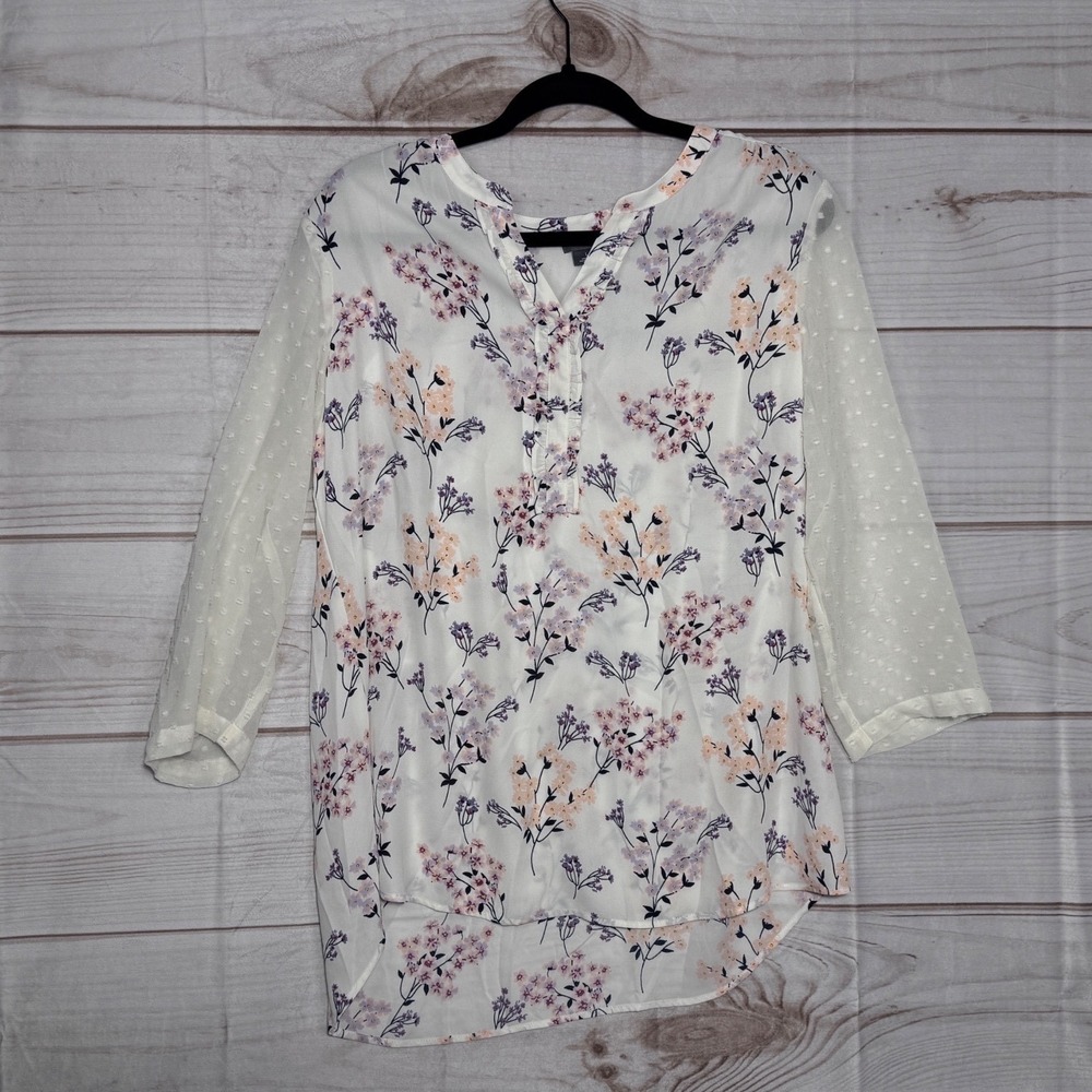 Van Heusen Womens Floral Blouse White Purple Peach Swiss Dot 3/4 Sleeve Top L